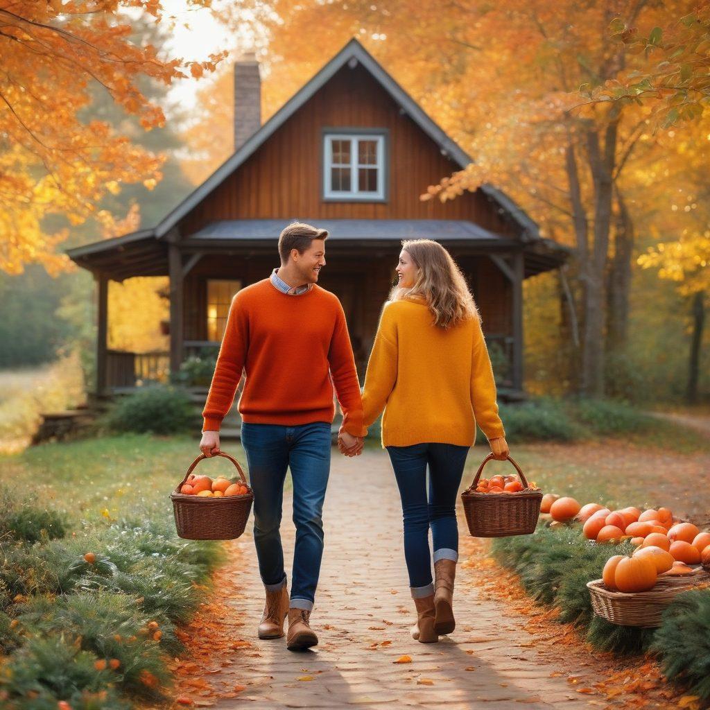 A picturesque autumn landscape featuring a cozy, rustic cabin surrounded by vibrant fall foliage in shades of orange, red, and yellow. A couple, dressed in warm, stylish sweaters, is seen walking hand in hand with a basket of harvested apples, while golden light filters through the trees. In the foreground, add a few pumpkins and acorns to enhance the autumnal feel. tranquil and romantic atmosphere. painting. warm tones.