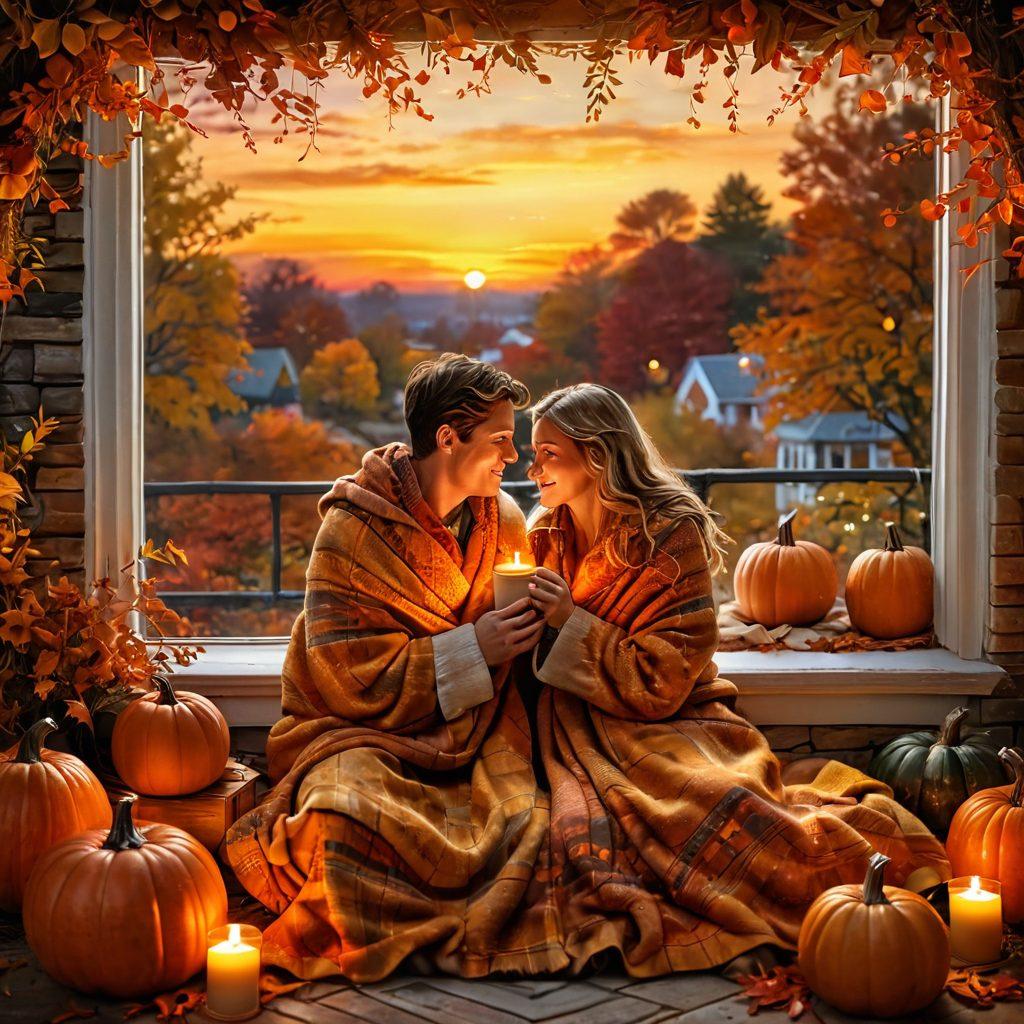 A cozy, intimate scene depicting a couple wrapped in a warm blanket, surrounded by falling autumn leaves in vibrant shades of orange and gold. They share a tender moment over a steaming mug of cider, with a backdrop of a softly glowing sunset and an array of pumpkins nearby. Enhance the warmth and romance with twinkling fairy lights above them. super-realistic. vibrant colors. peaceful ambiance.