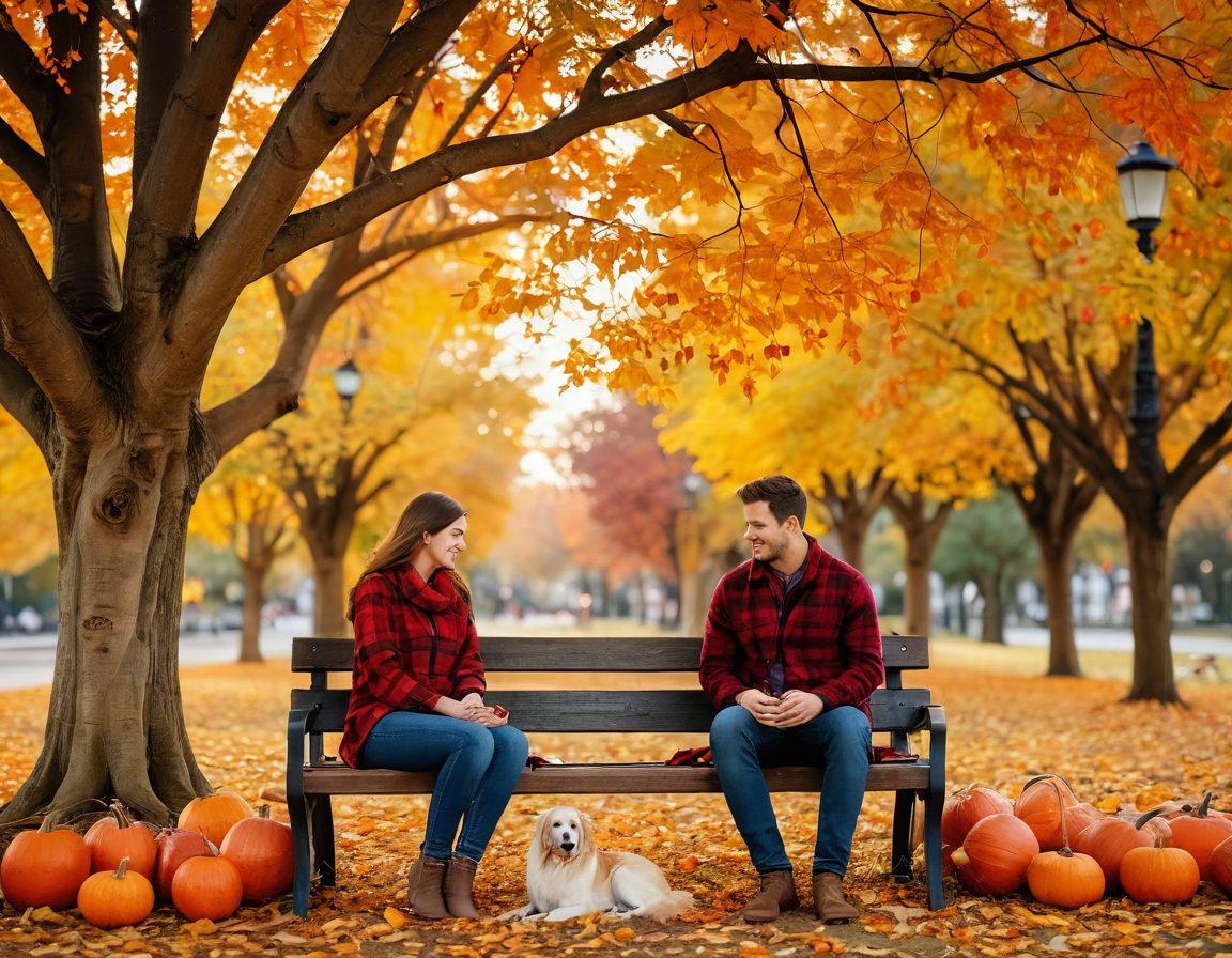 A cozy park setting in autumn, filled with vibrant orange, red, and yellow leaves gently falling. A couple sits on a bench sharing a warm blanket, surrounded by pumpkins and soft fairy lights. A light breeze adds a dreamy touch, with a golden sunset in the background. A scattering of love notes and heart shapes subtly integrated into the scene enhances the romantic atmosphere. painting. vibrant colors.